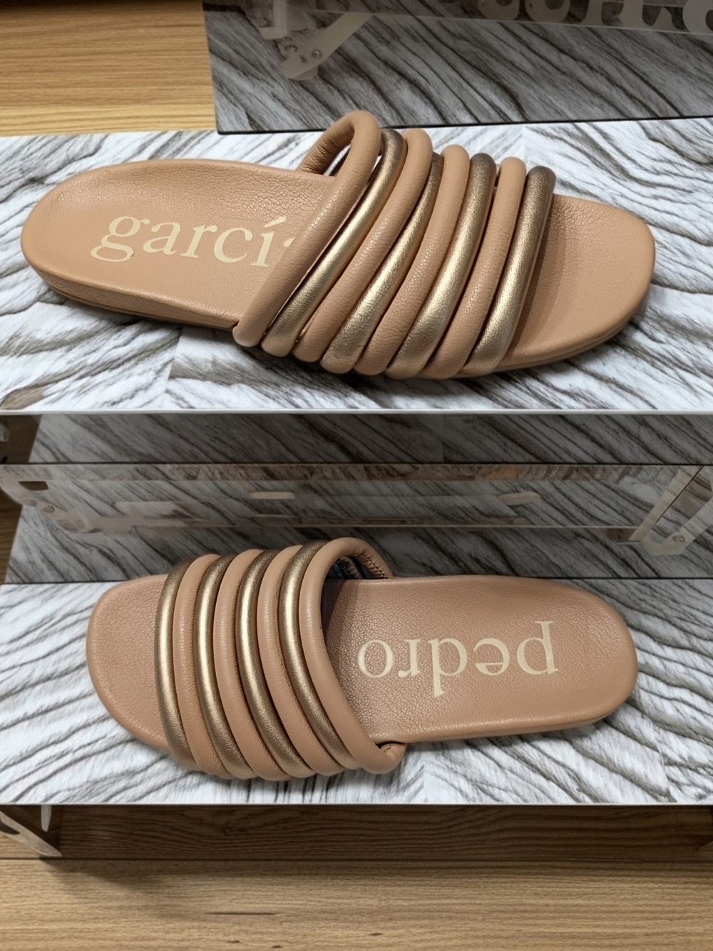 Pedro Garcia Metallic Gold & Tan Padded/Rolled-Strap Slide Slip In  Sandals SZ 6